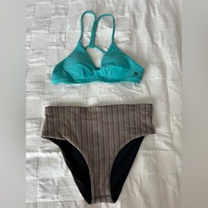 Hurley Teal Bikini Top and Striped Bottom